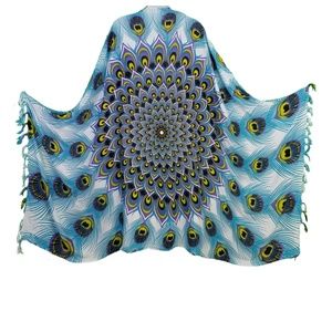 Peacock Mandala Sarong With Fringe, Blue & White